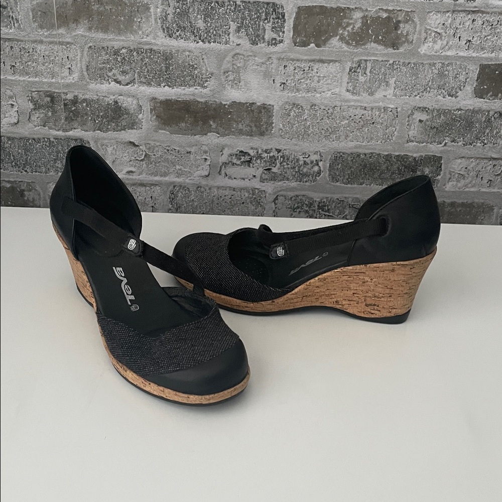 Teva Black Cork Wedge Pumps